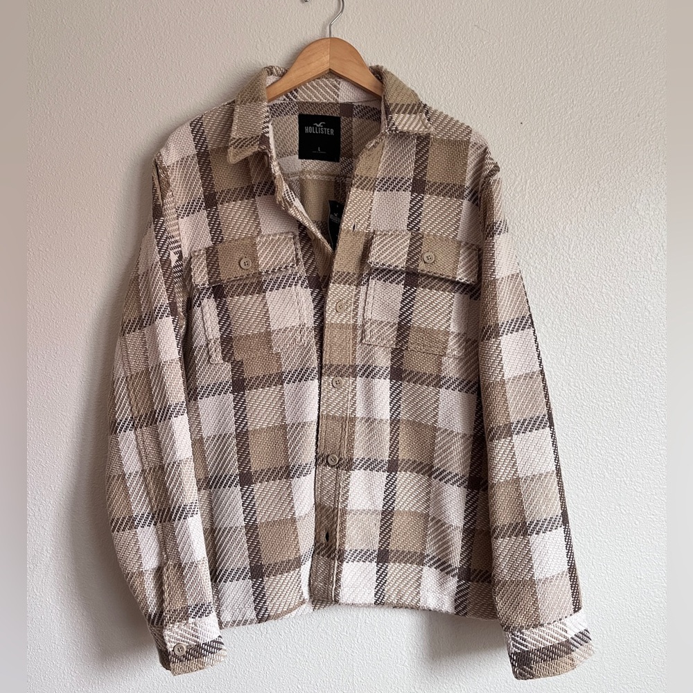 Holister twill cotton overshirt beige plaid pattern mens size large new with tag